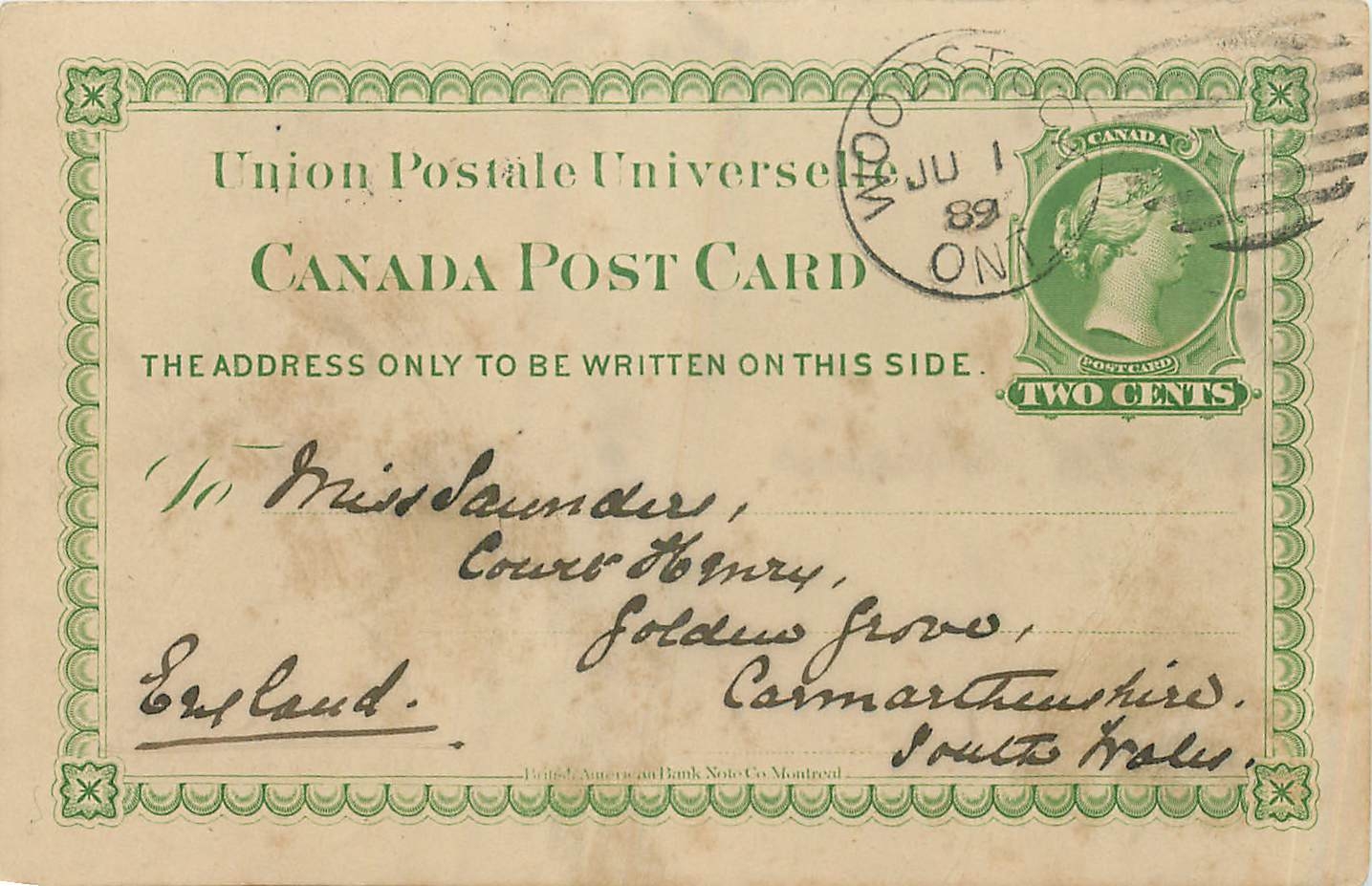 Postal stationary Canada 1889 Woodstock