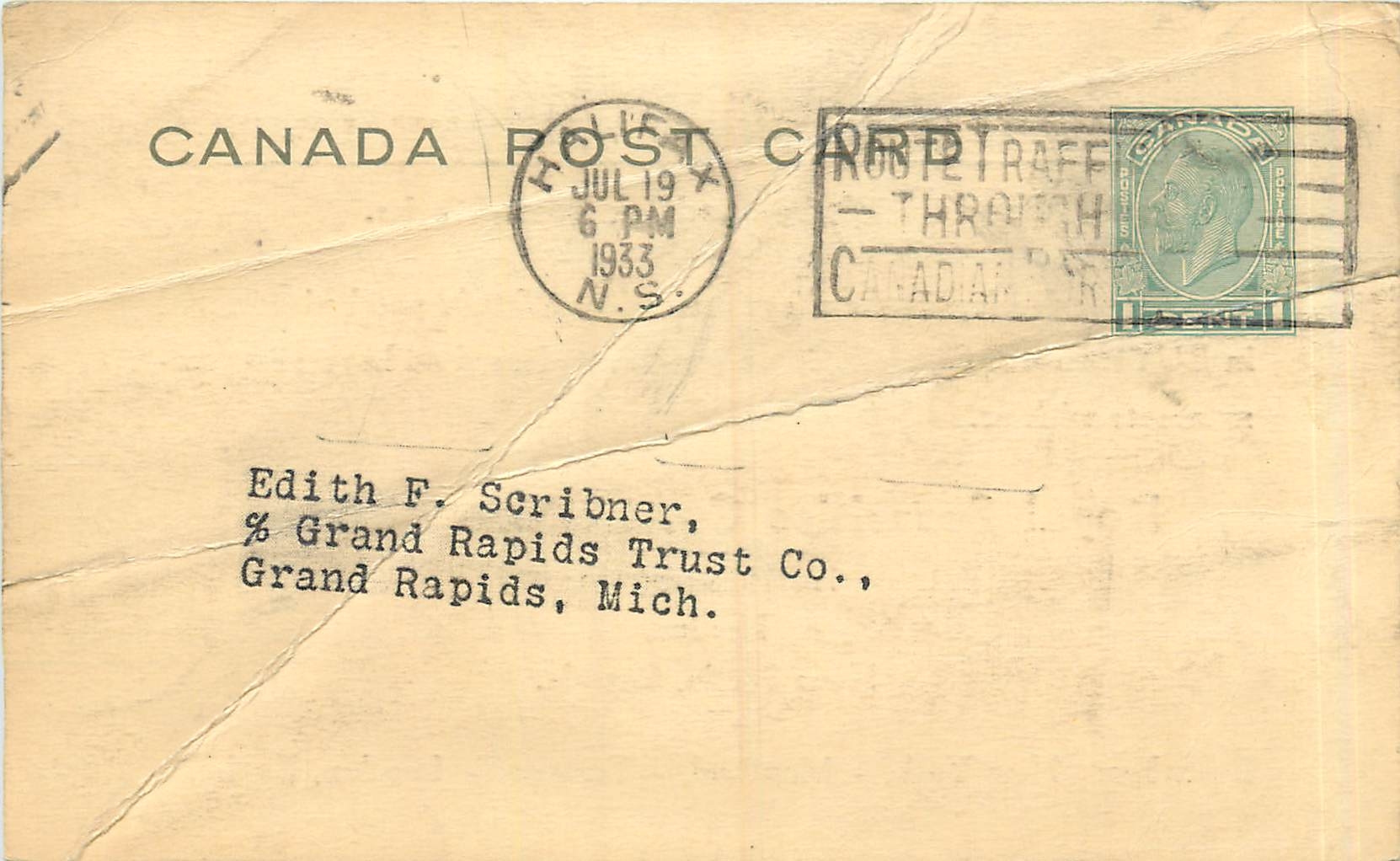 Postal stationary Canada 1933 Halifax for Grand Rapids Mich Royal Securities Corp Acadia Sugar Refin
