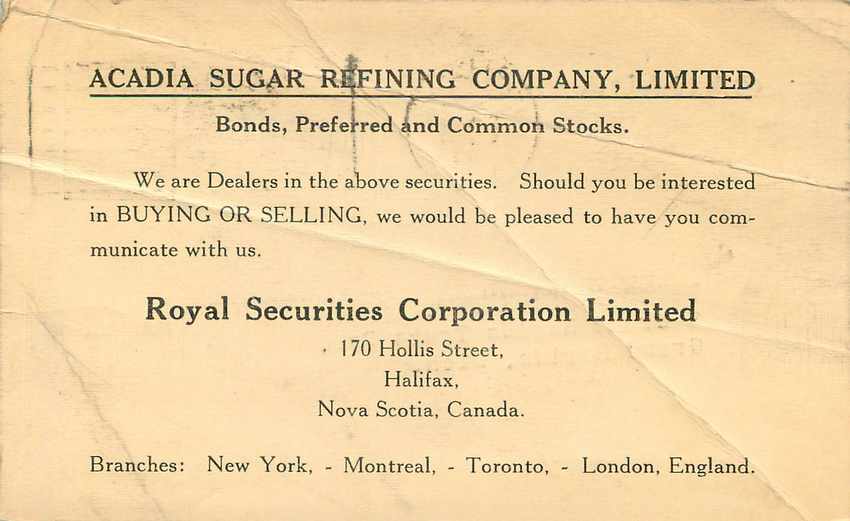 Postal stationary Canada 1933 Halifax for Grand Rapids Mich Royal Securities Corp Acadia Sugar Refin — Back