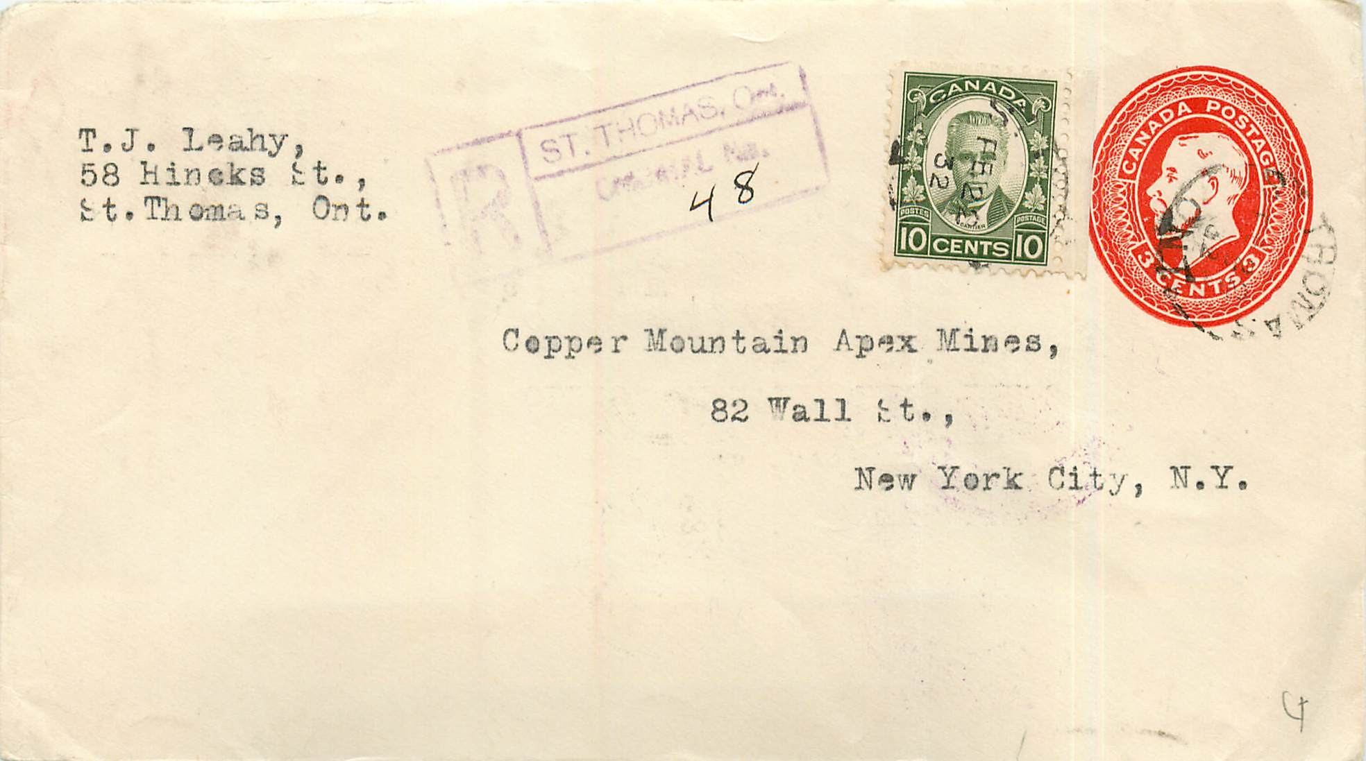 Postal stationary Canada 1932 for New York