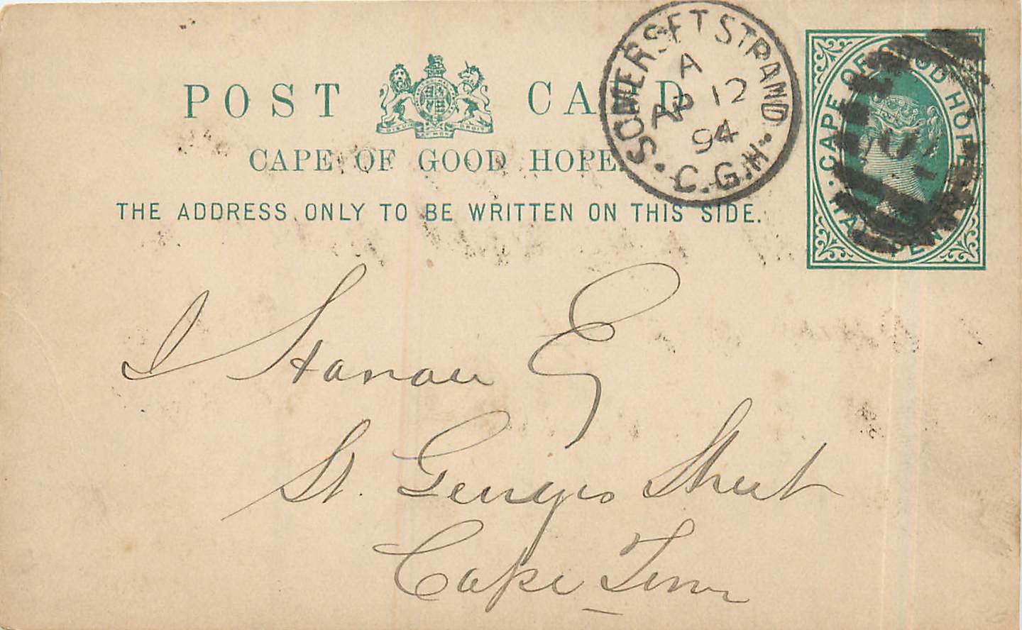 Entier Postal Stationary Cape of Good Hope 1/2p for local use 1894