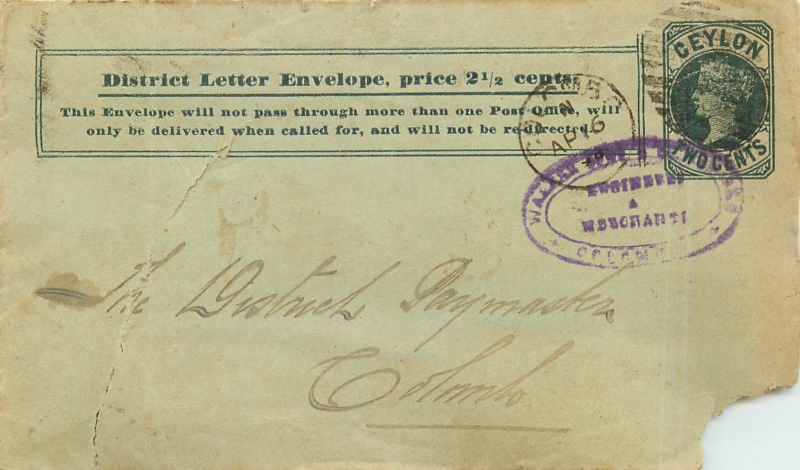 Entier Postal Stationary  Ceylon 2c