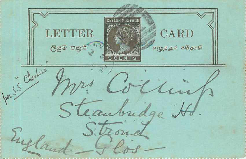 Entier Postal Stationary  Ceylon 5c for Glos England