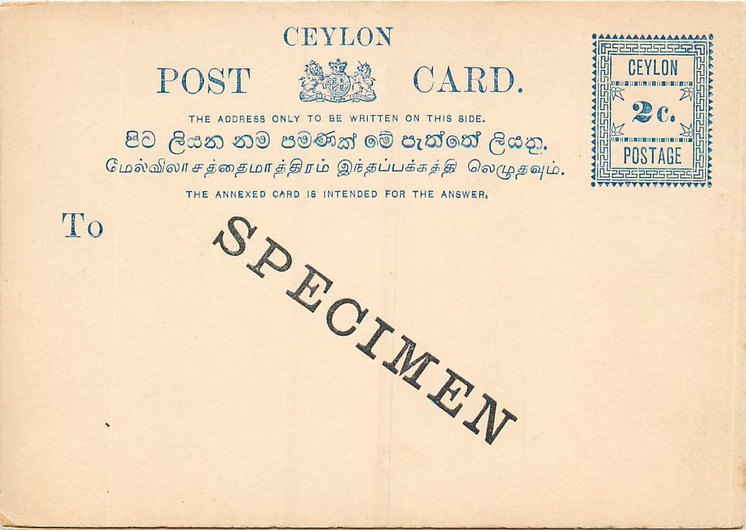 Entier Postal Stationary Ceylon 2c SPECIMEN