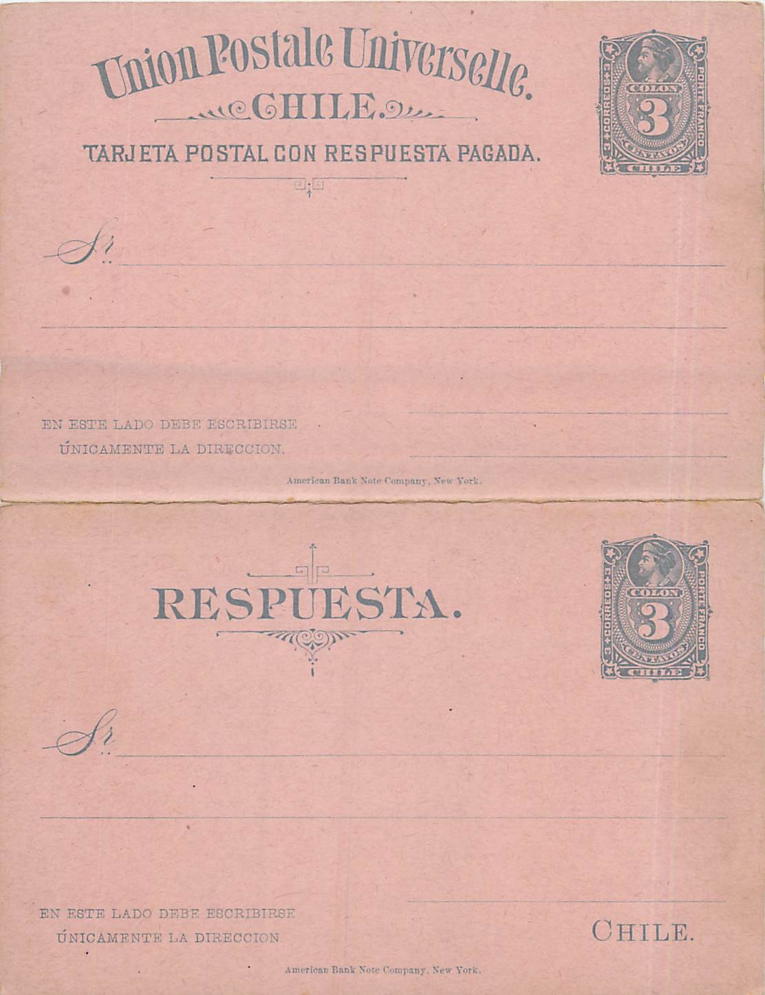Entier Postal Stationary Chili Chile  3c with reply card