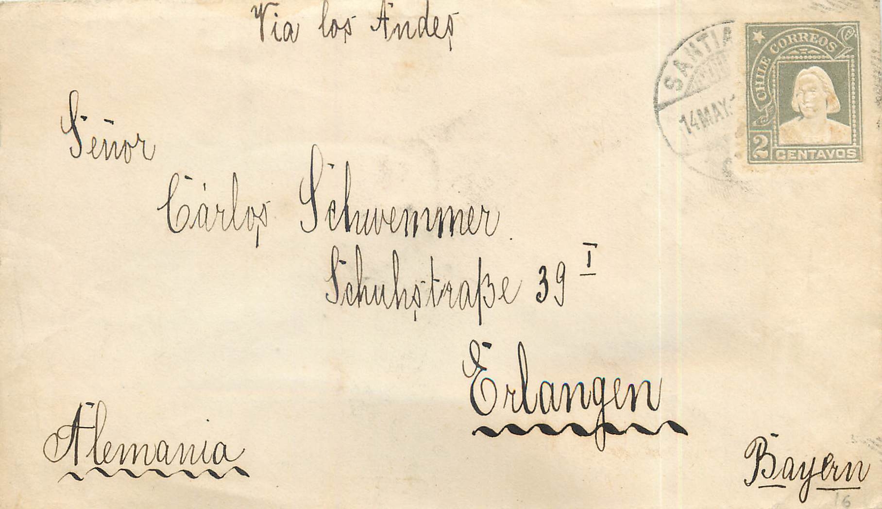Entier Postal Stationary Chili Chile 2c for Erlangen