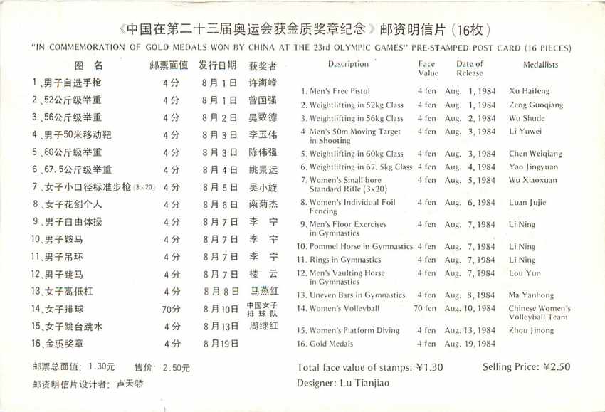 Entier Postal Stationary Chine China Jeux Olympiques Olympic Games Los Angeles 1984 Medailles d'or — Back