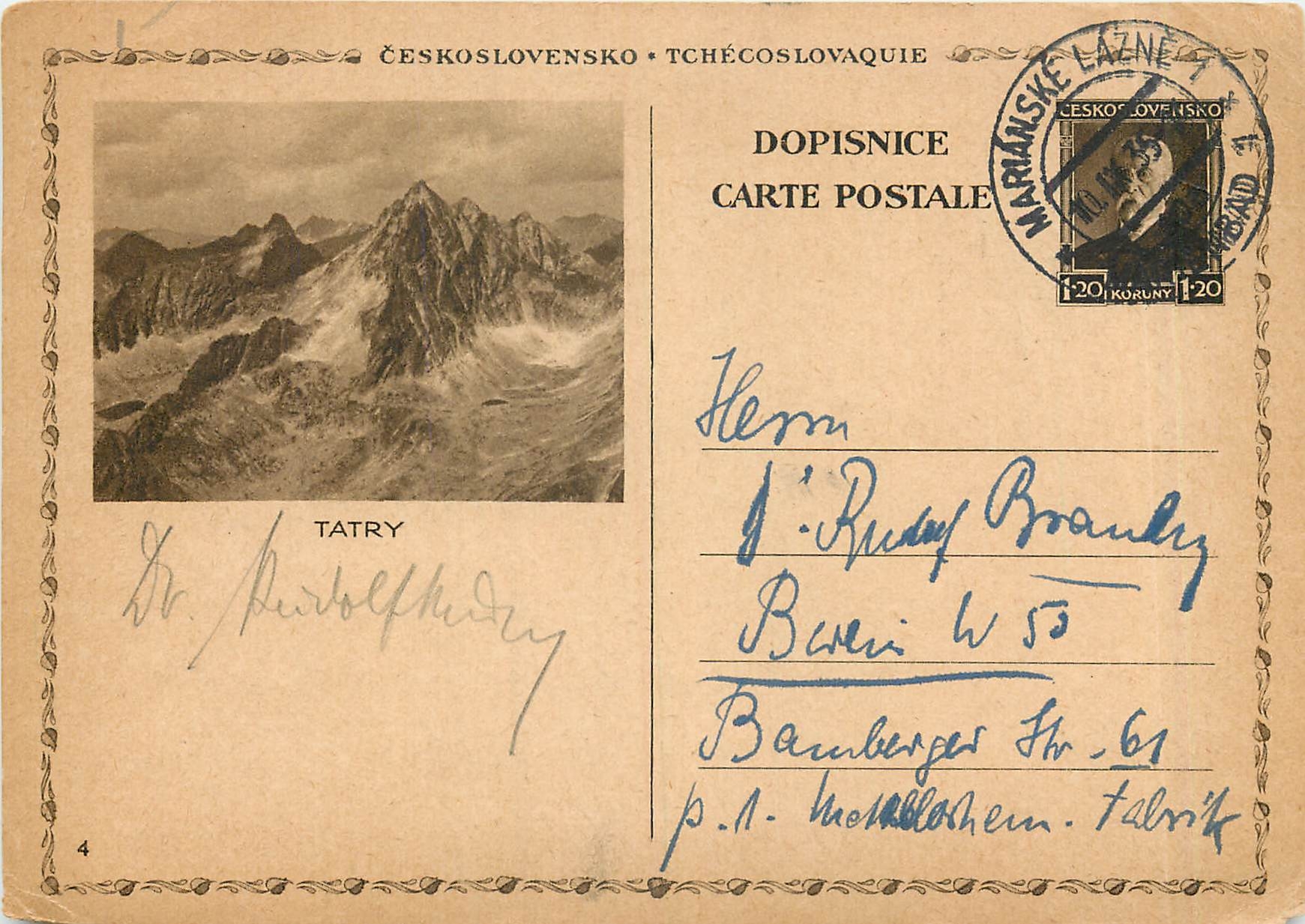 Entier Postal Stationary Tchequie 1935 Tatry