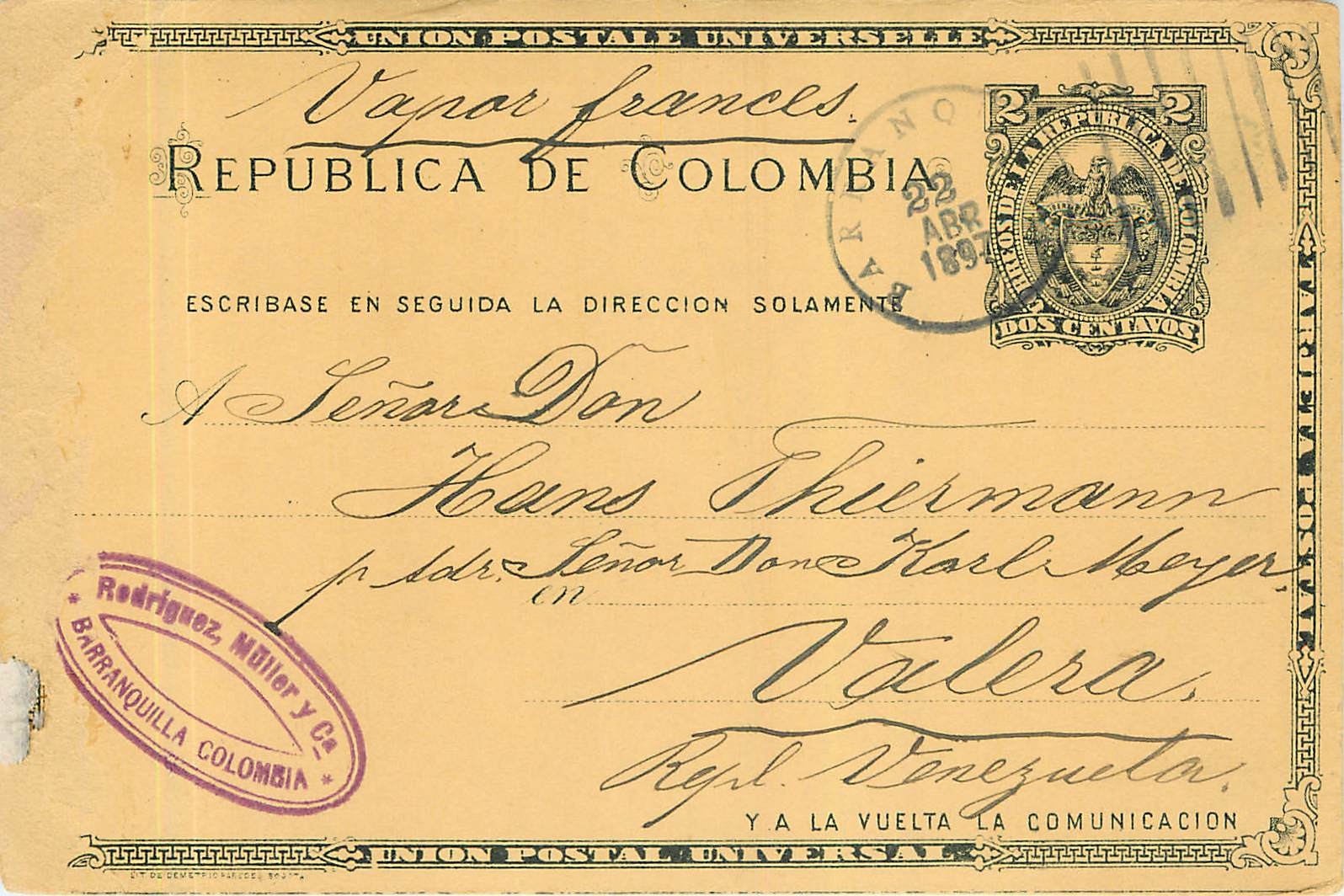 Postal Stationary Entier Postal Colombia 1897 for Valera Venezuela