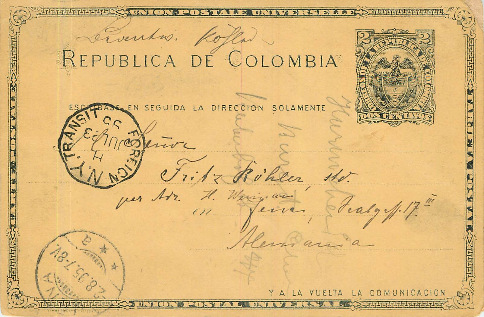 Postal Stationary Entier Postal Colombia 1895 for Germany