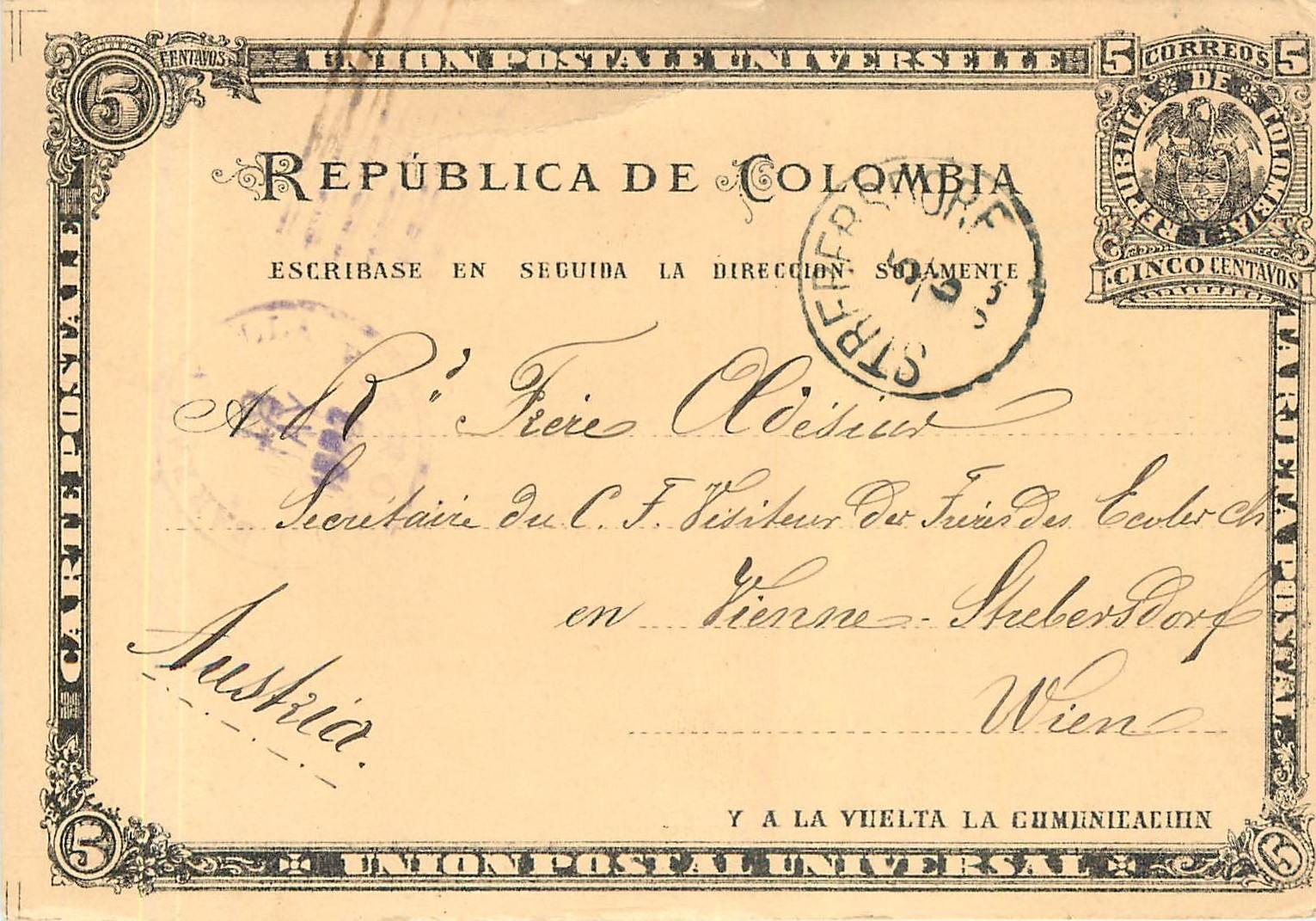 Postal Stationary Entier Postal Colombia 1902 for Wien