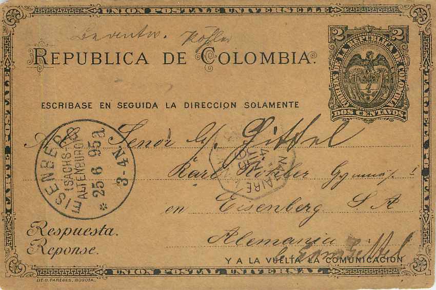 Postal Stationary Entier Postal Colombia 1895 for Germany Handstamp Eisenberg