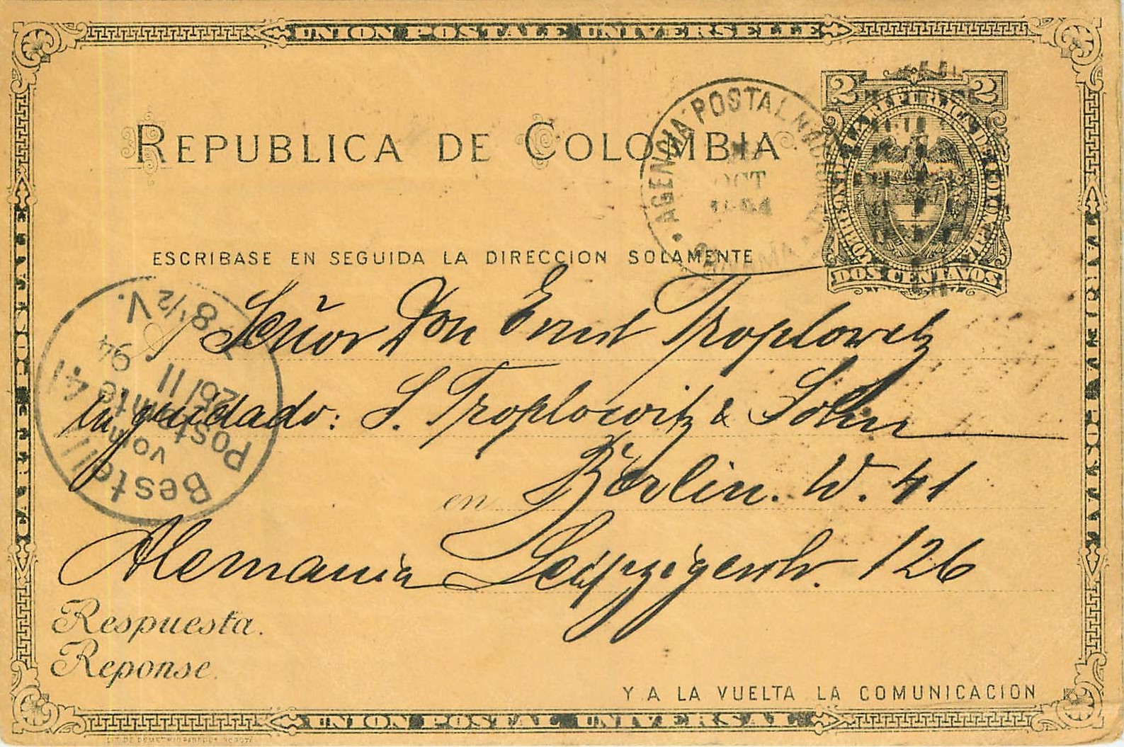 Postal Stationary Entier Postal Colombia 1894 for Germany 