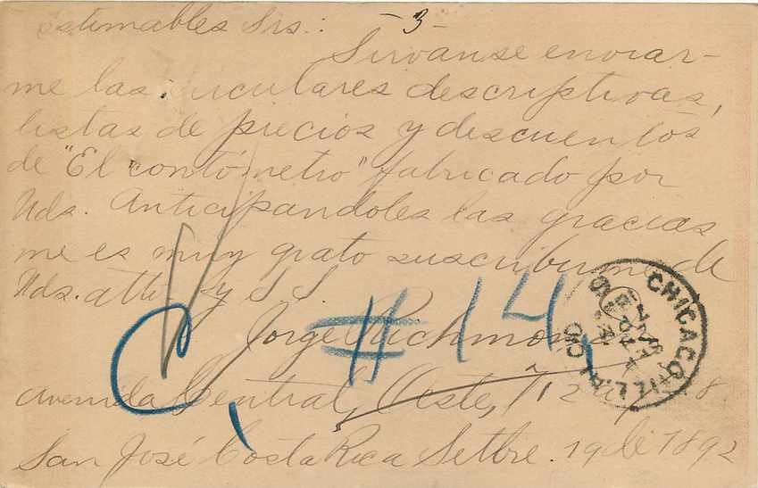Postal Stationary Entier Postal Costa Rica 1892 for Chicago — Rückseite