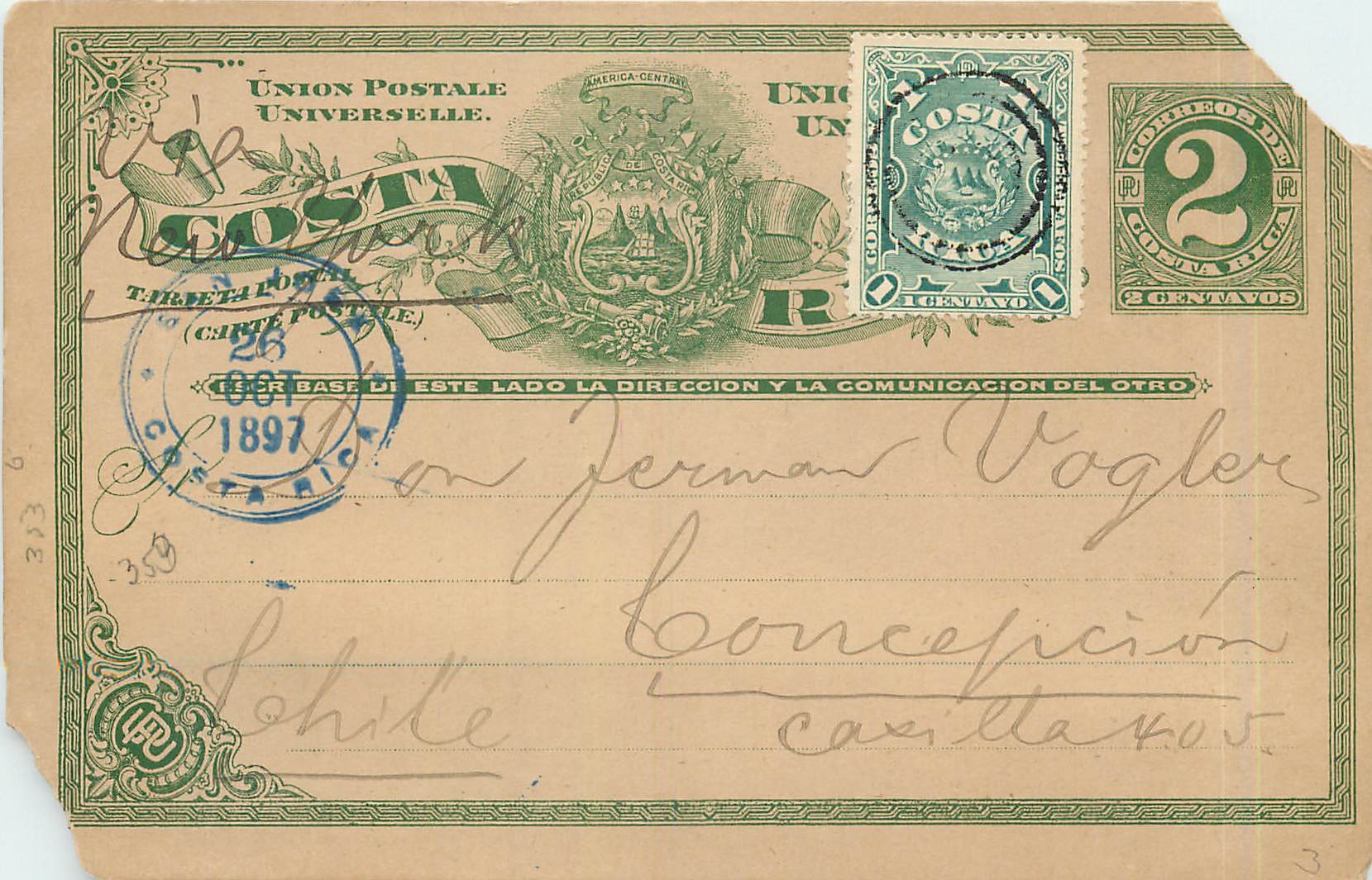 Postal Stationary Entier Postal Costa Rica for Concepcion Chili 1897