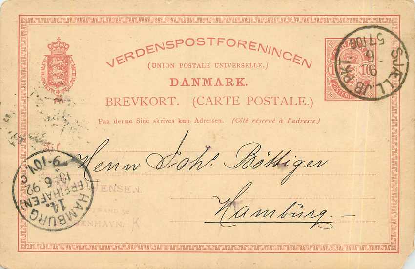 Entier Postal Stationary Denmark  1892 for Hamburg