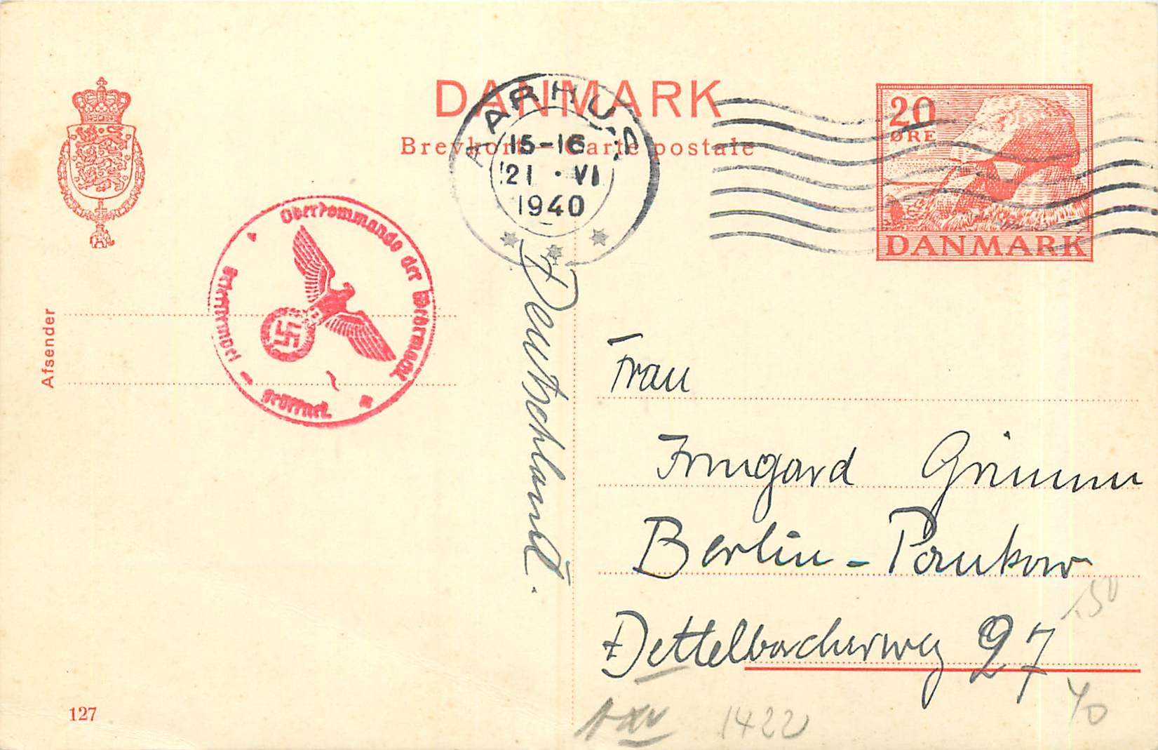 Entier Postal Stationary Denmark  20o Lion Aigle 3rd Reich Aarhus 1940