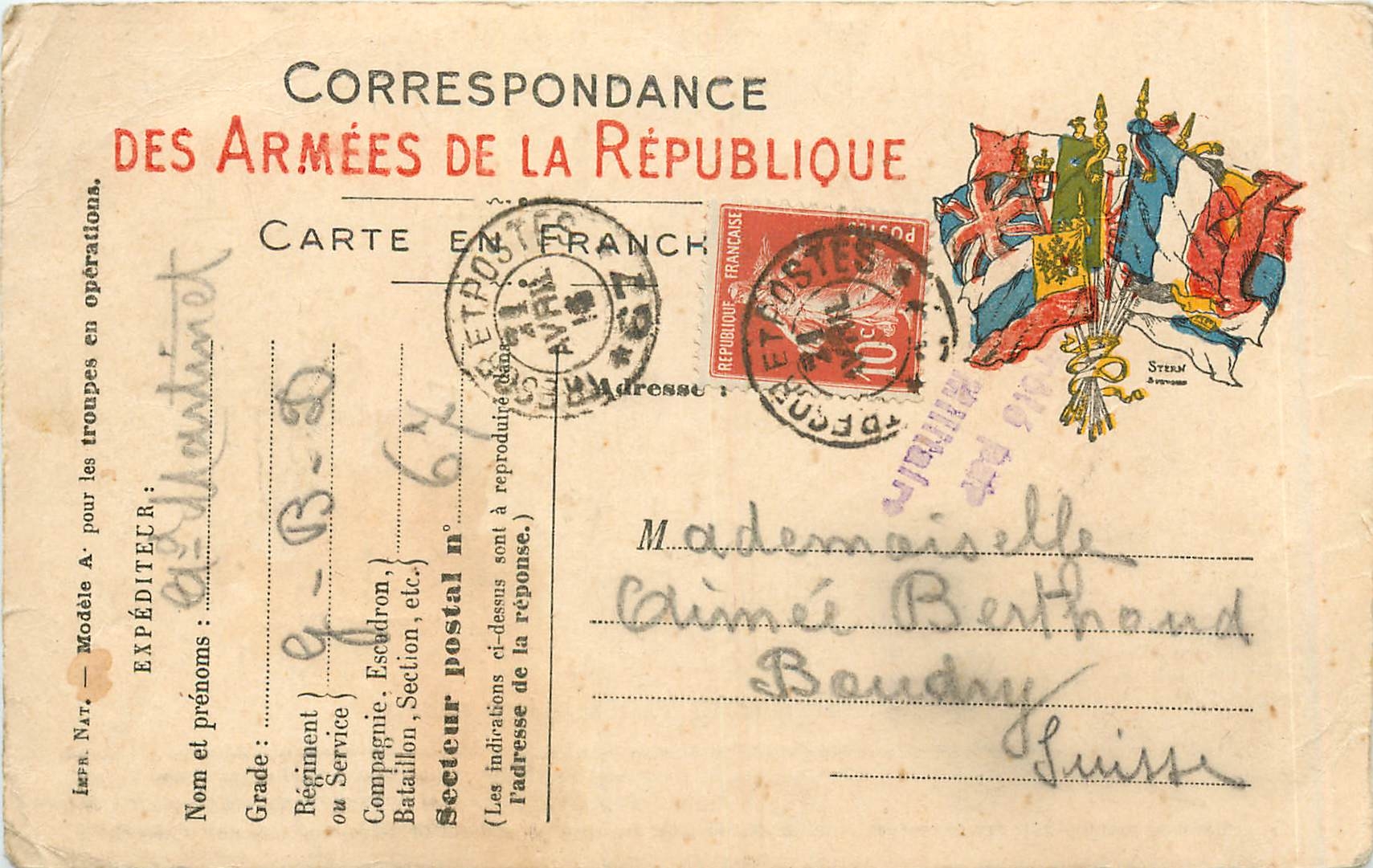 Carte Franchise Militaire Aimee Berthaud Baudry Suisse