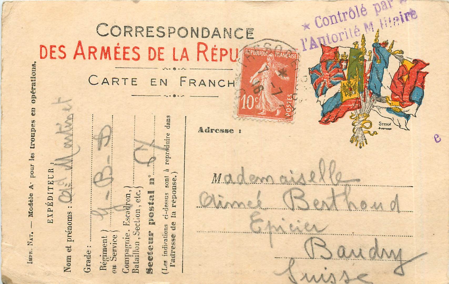 Carte Franchise Militaire Aimee Berthaud Baudry Suisse