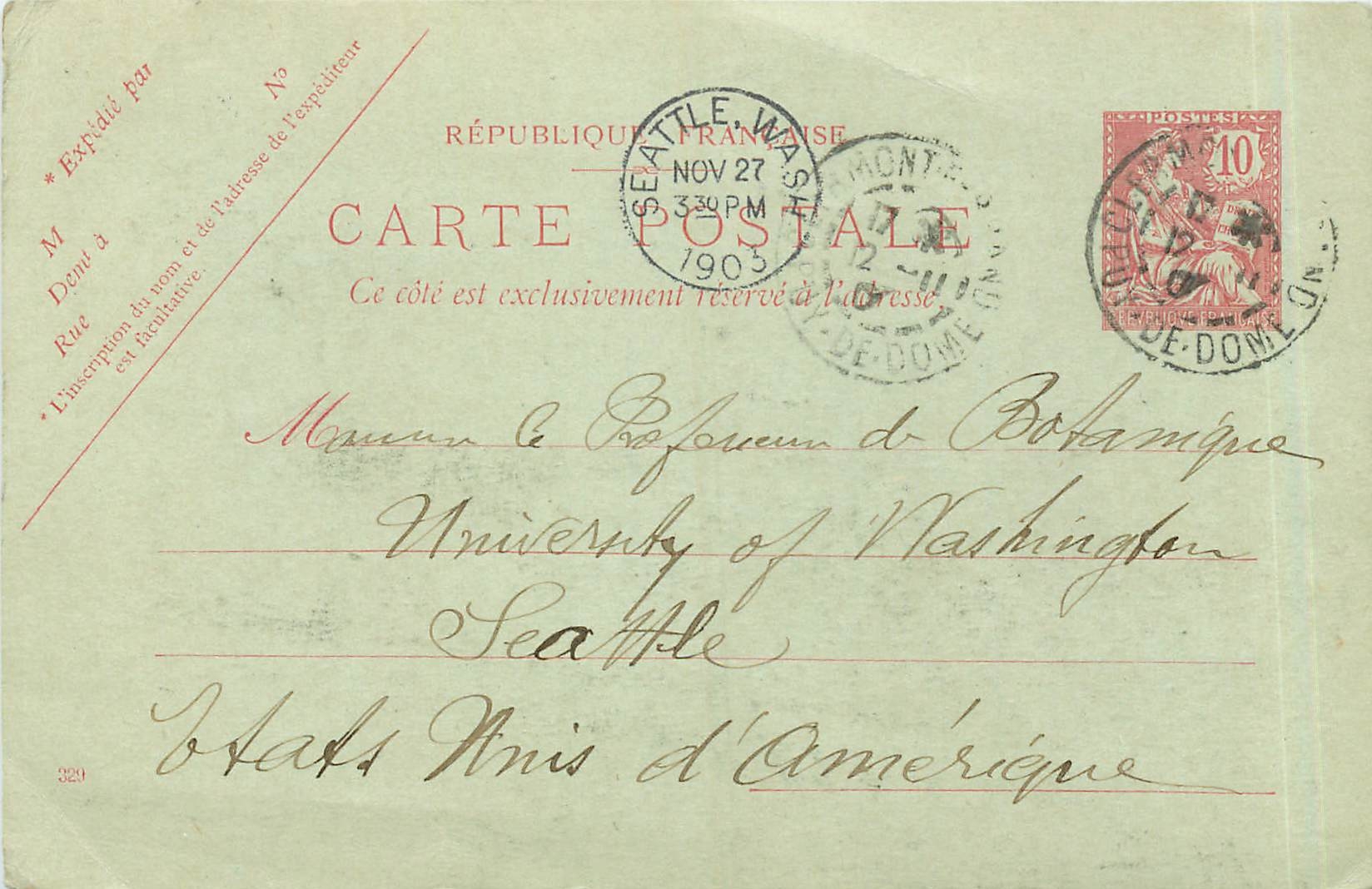 Entier Postal Stationary 10c Mouchon pour Seattle