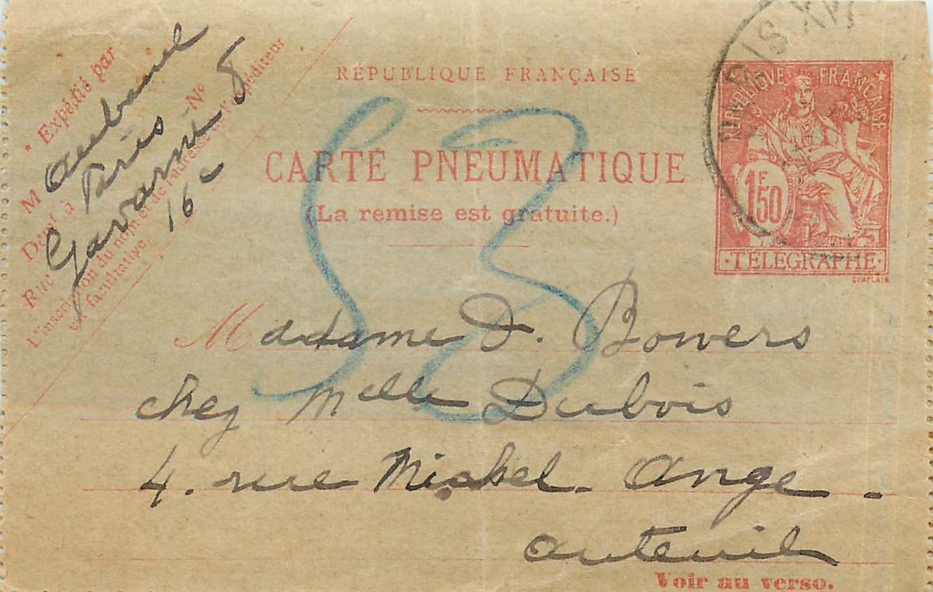 Entier Postal Stationary 1F50 Pneumatique pour Auteuil
