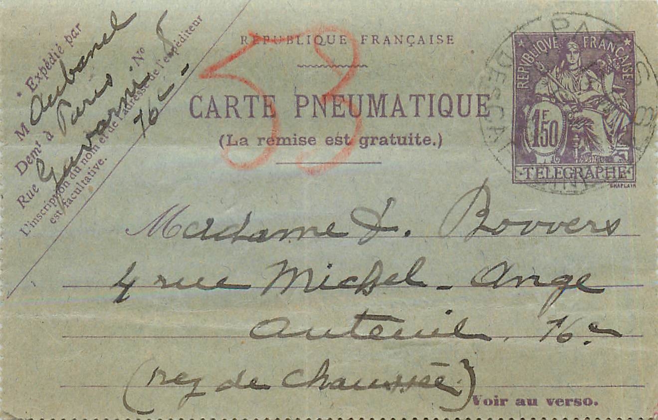 Entier Postal Stationary 1F50 Pneumatique pour Auteuil