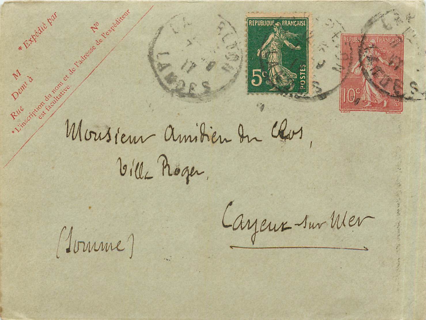 Entier Postal Stationary 10c pour Cayeux sur Mer