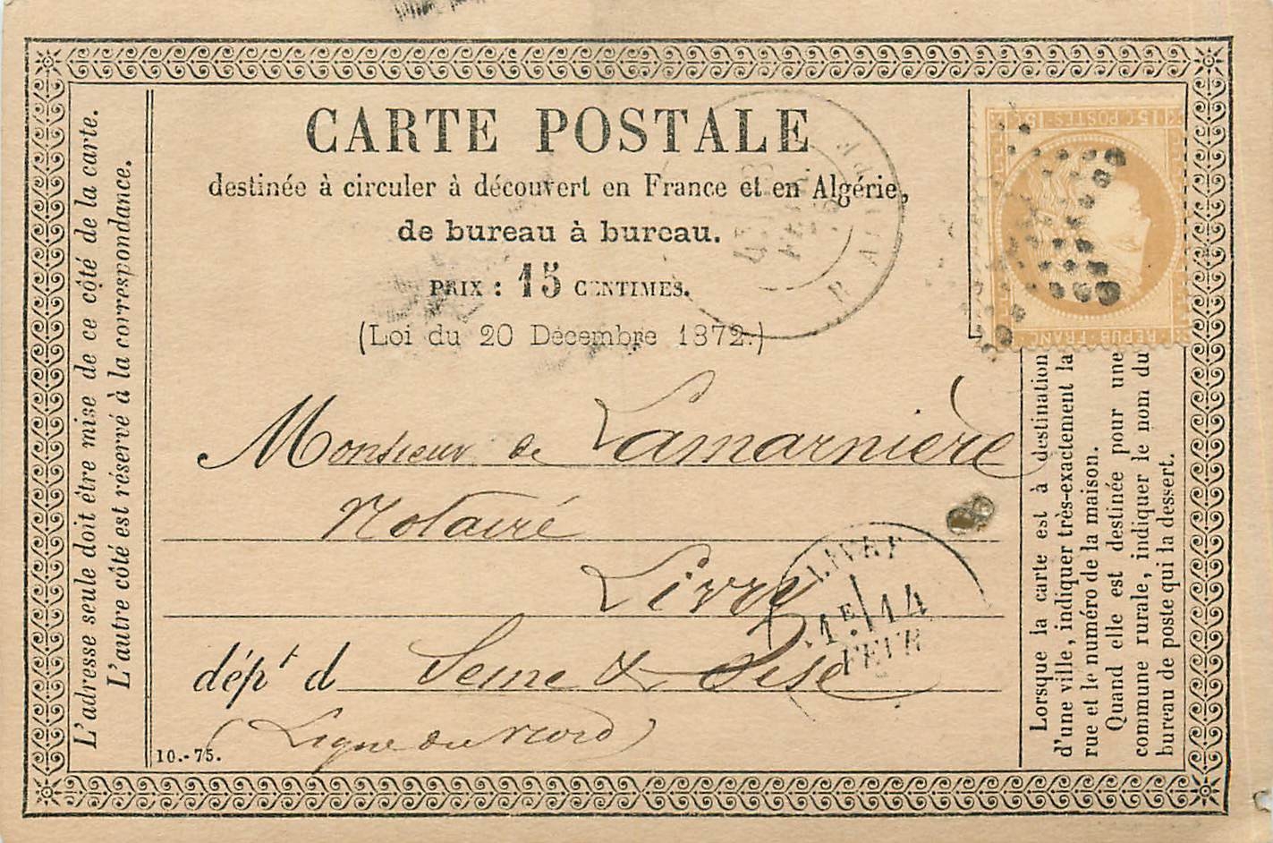Entier Postal Stationary 15c pour Livrey 
