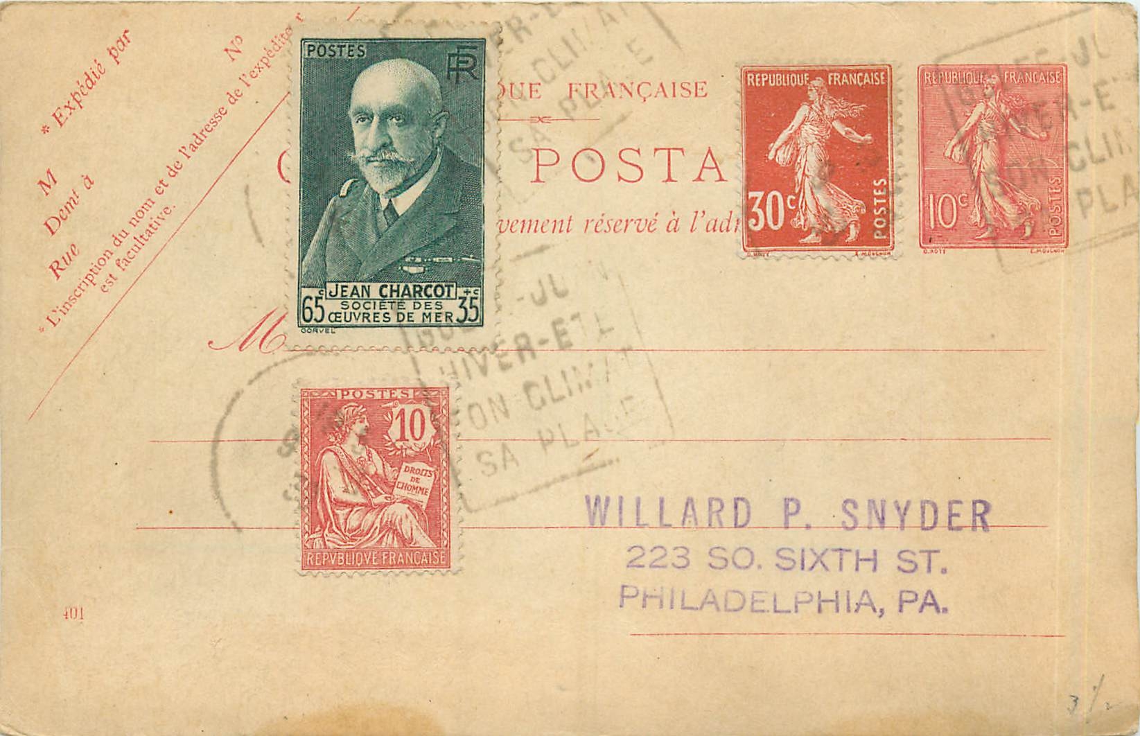Entier Postal Stationary 10c Jean Charcot pour Philadephia cachet Daguin 