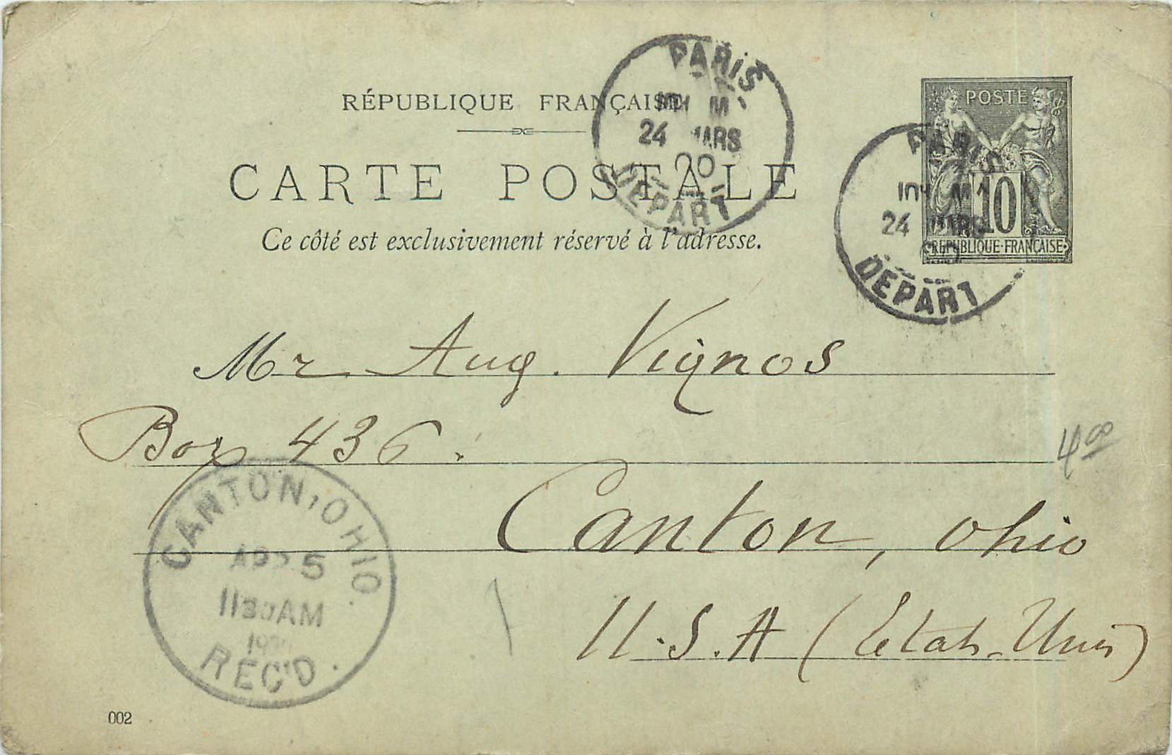 Entier Postal Stationary 10c Paris pour Canton Ohio