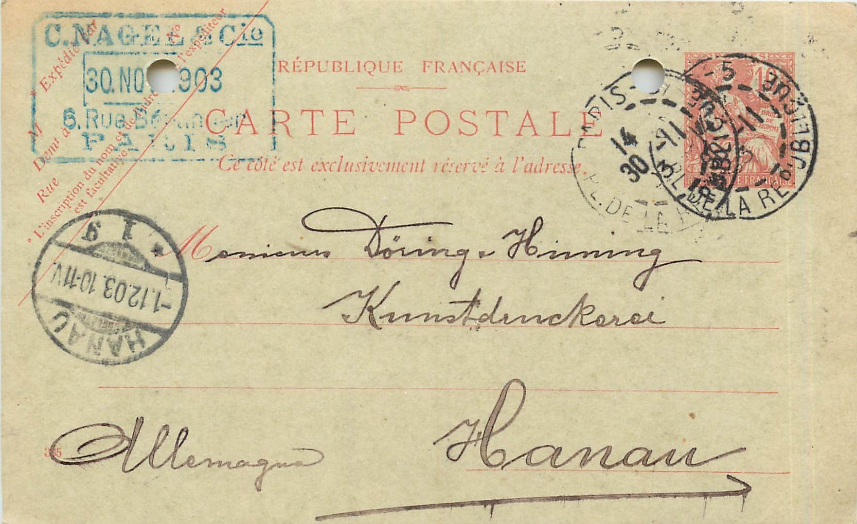 Entier Postal Stationary 10c Mouchon pour Hanau