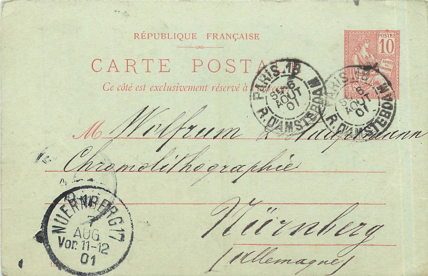 Entier Postal Stationary 10c Mouchon pour Nurmberg