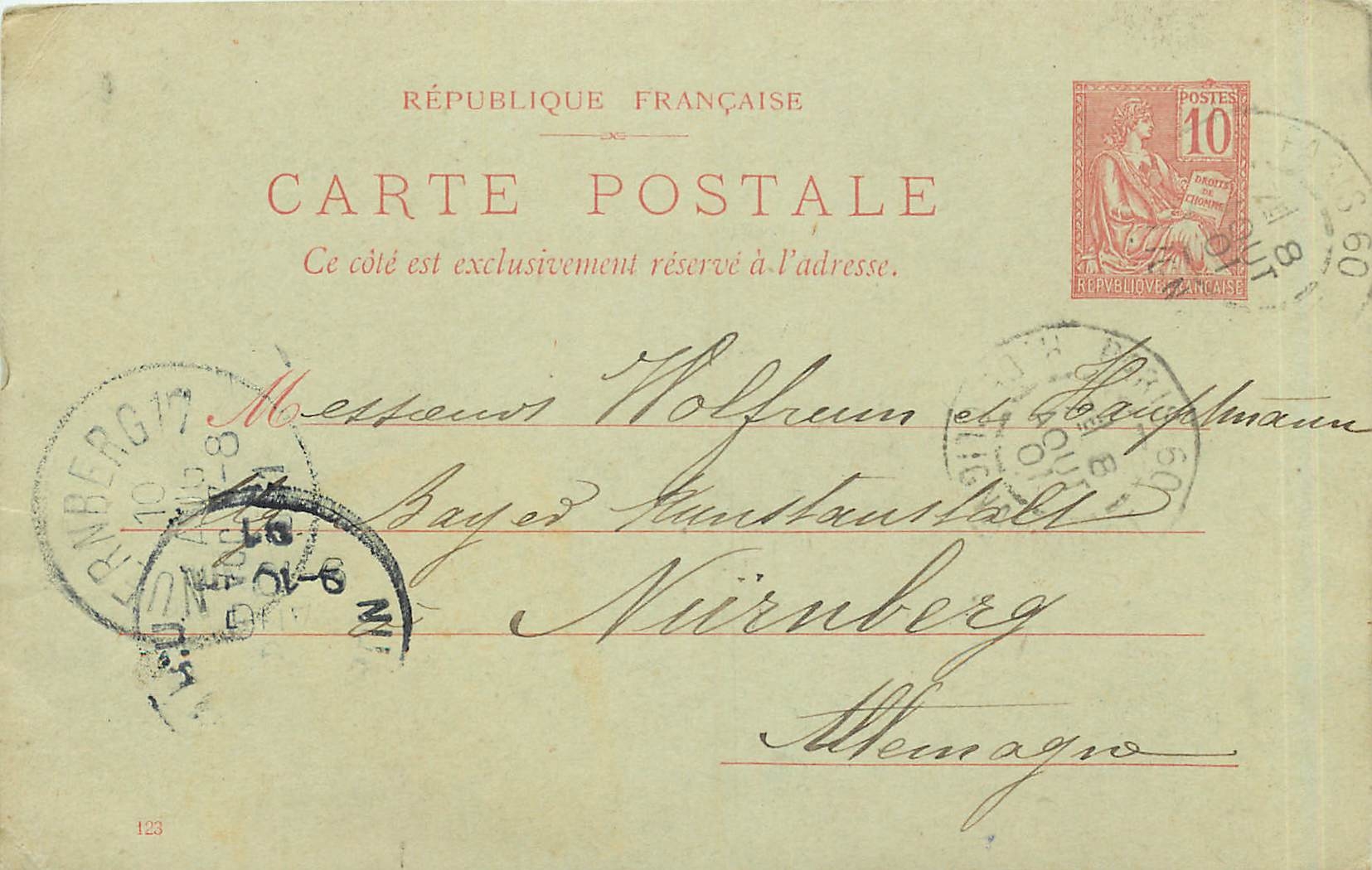 Entier Postal Stationary 10c Mouchon pour Nurmberg