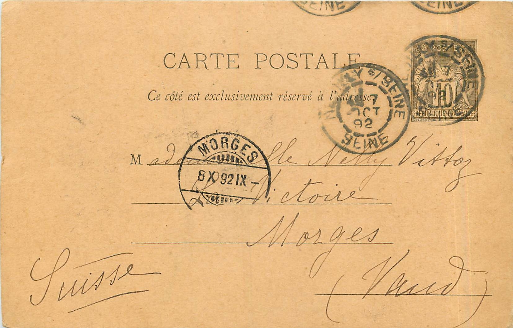 Entier Postal Stationary 10c Sage 1892 pour Morges