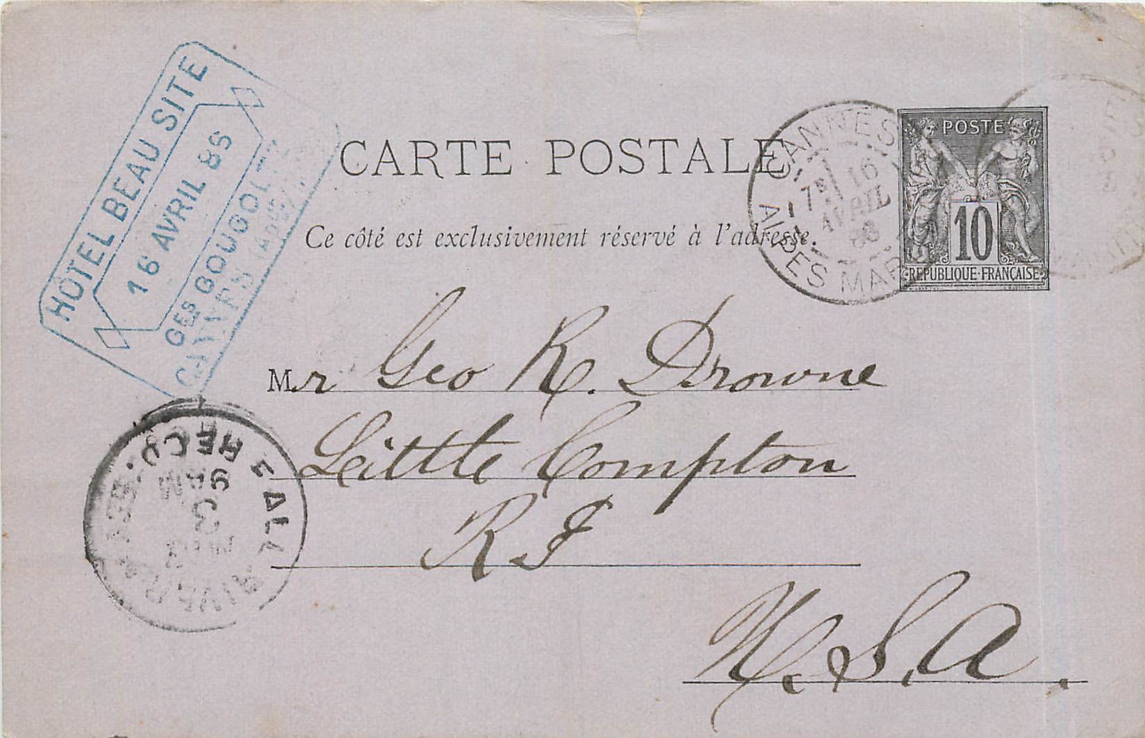 Entier Postal Stationary 10c Sage pour USA