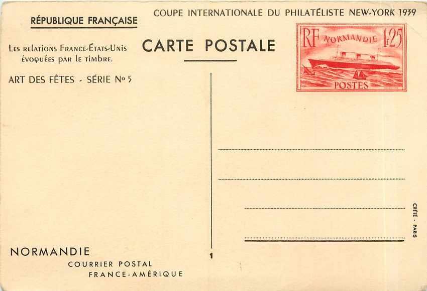 Entier Postal Stationary Normandie Bateau New York 1939