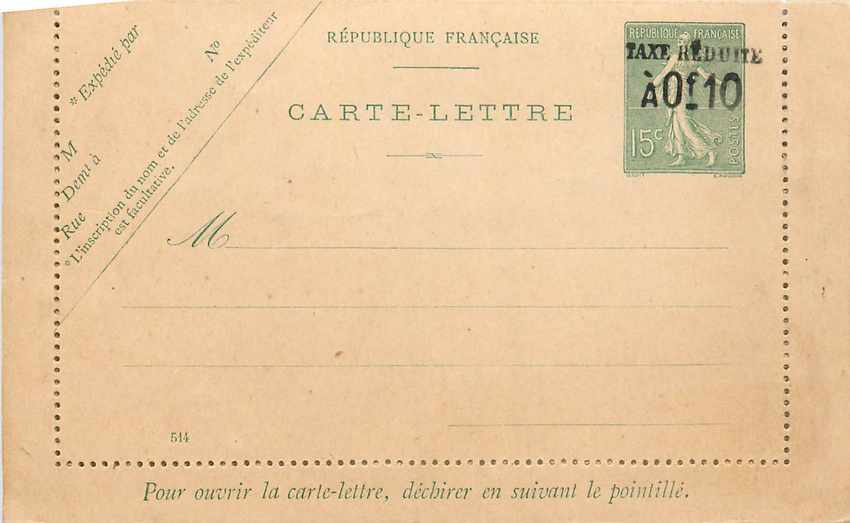 Entier Postal Stationary 10c Ligne Taxe reduite