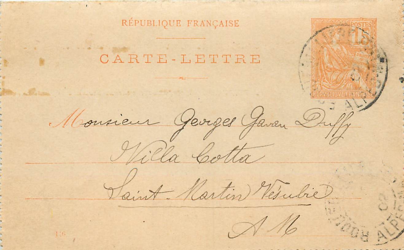 Entier Postal Stationary 15c Mouchon pour Saint Martin Vesubie