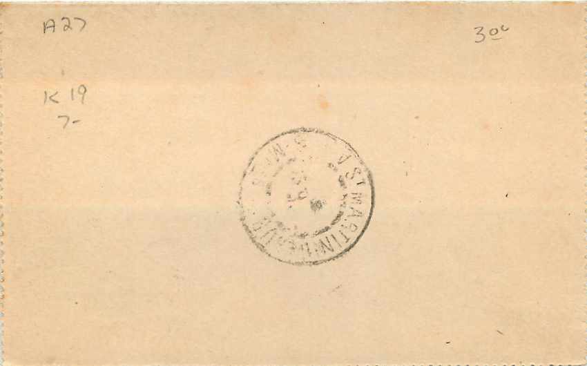 Entier Postal Stationary 15c Mouchon pour Saint Martin Vesubie — Rückseite