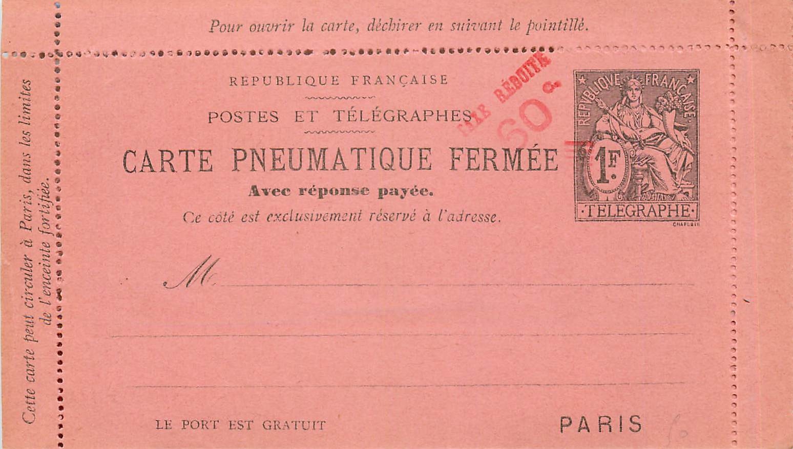 Entier Postal Stationary 1F Pneumatique 60c Taxe reduite 