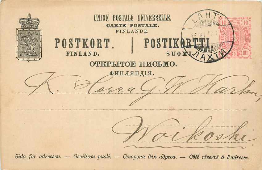 Entier Postal Stationary Finland Finlande pour Waikoski 1894 Lion