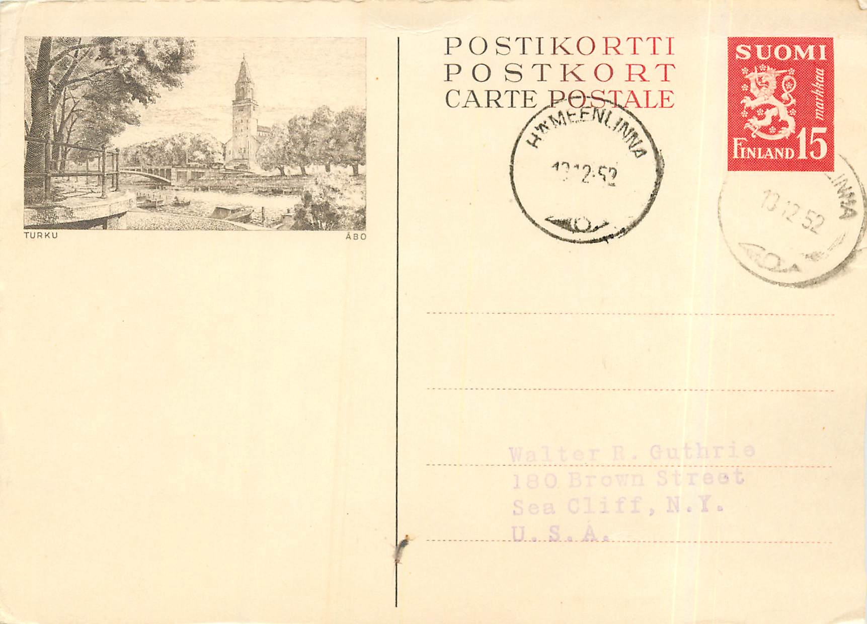 Entier Postal Stationary Finlande Lion 1952