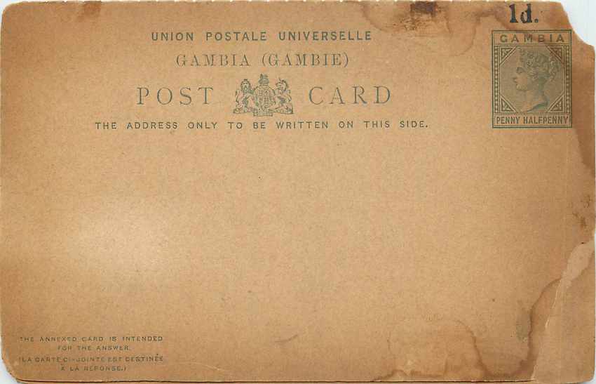 Entier Postal Stationary Gambia 1d sur 1 1/2p