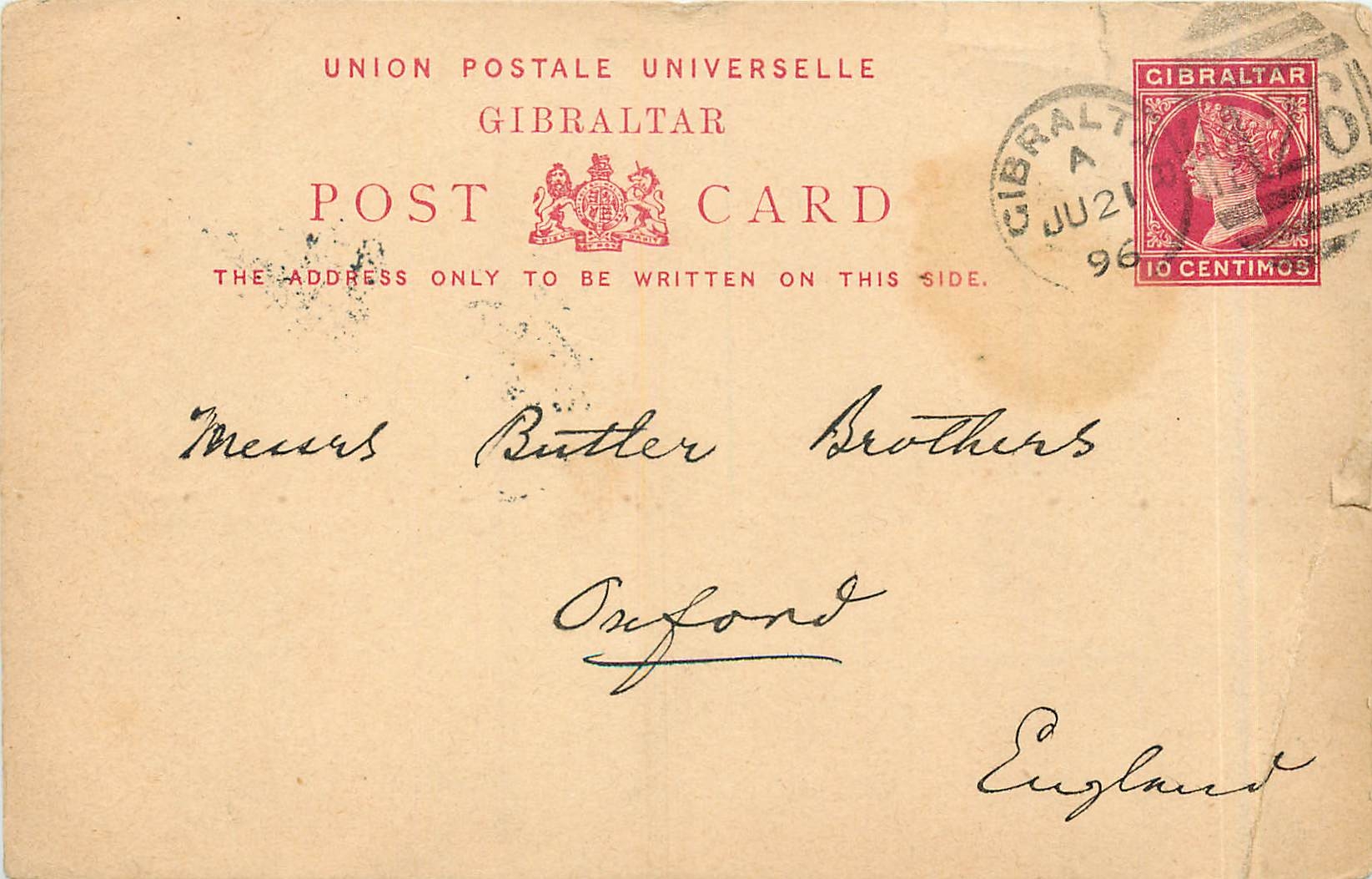 Entier Postal Stationary Gibraltar 10c for Oxford
