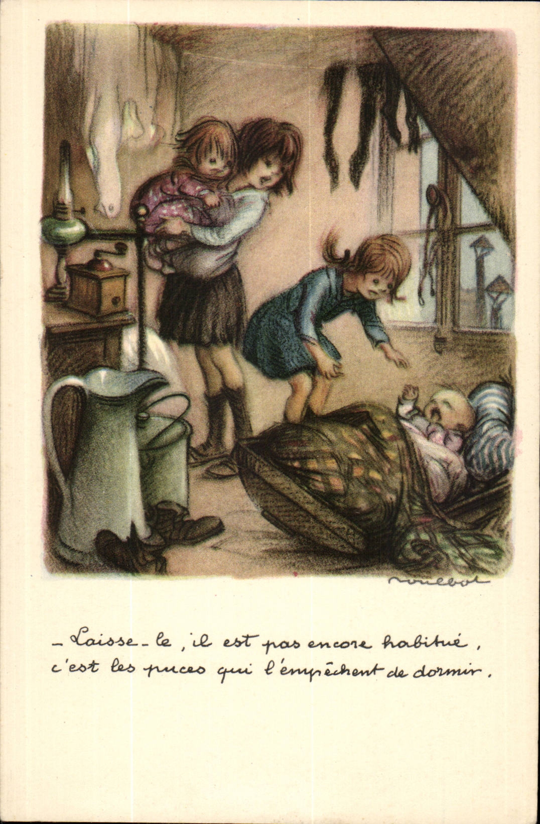 CPA Fantaisie Laisse le il est pas encore habitue c'est les puces Illustrateur Poulbot