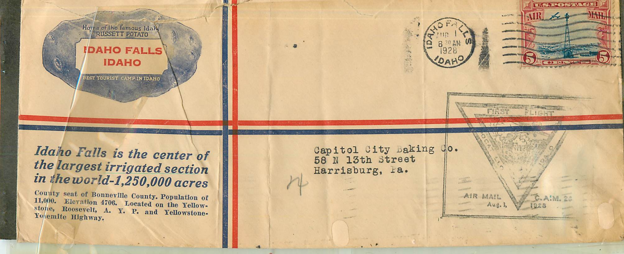Lettre Cover Air Mail Idaho Falls First Flight CAM 26 Aug 28