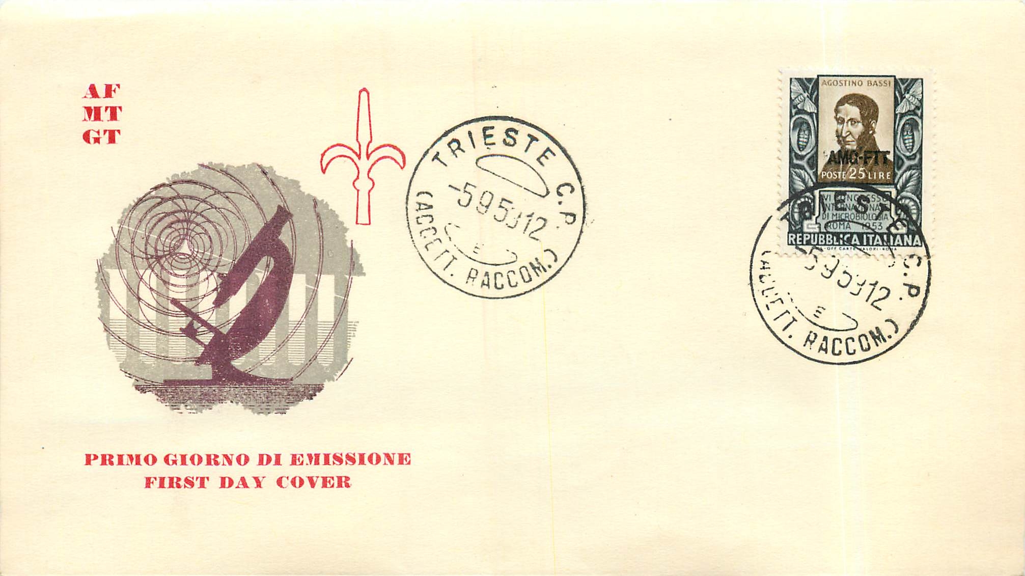 Lettre Cover Italie Italia AMG FTT FDC Agostino Bassi 1953 Medecine Microscope