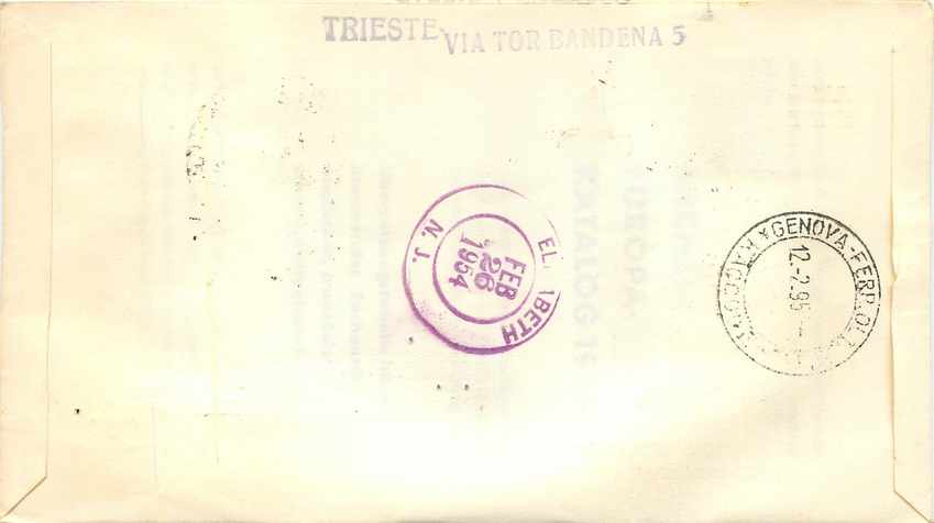 Lettre Cover Italie Italia AMG FTT FDC 1954 Laternensi — Rückseite