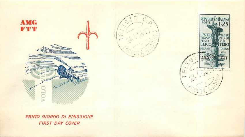 Lettre Cover Italie Italia AMG FTT FDC Helicoptere 1954 