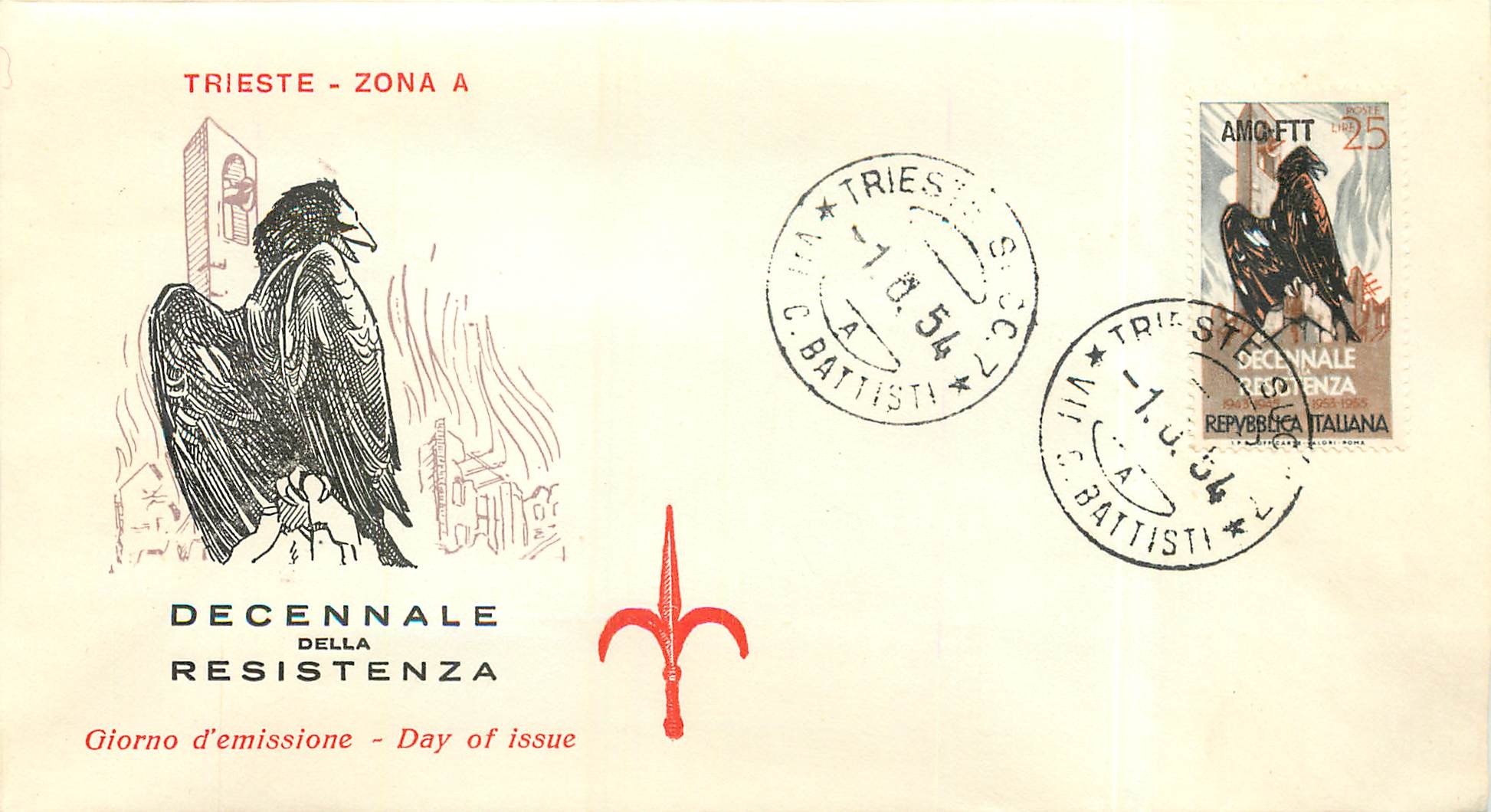 Lettre Cover Italie Italia AMG FTT FDC 1954 Aigle Resistenza Militaria Trieste